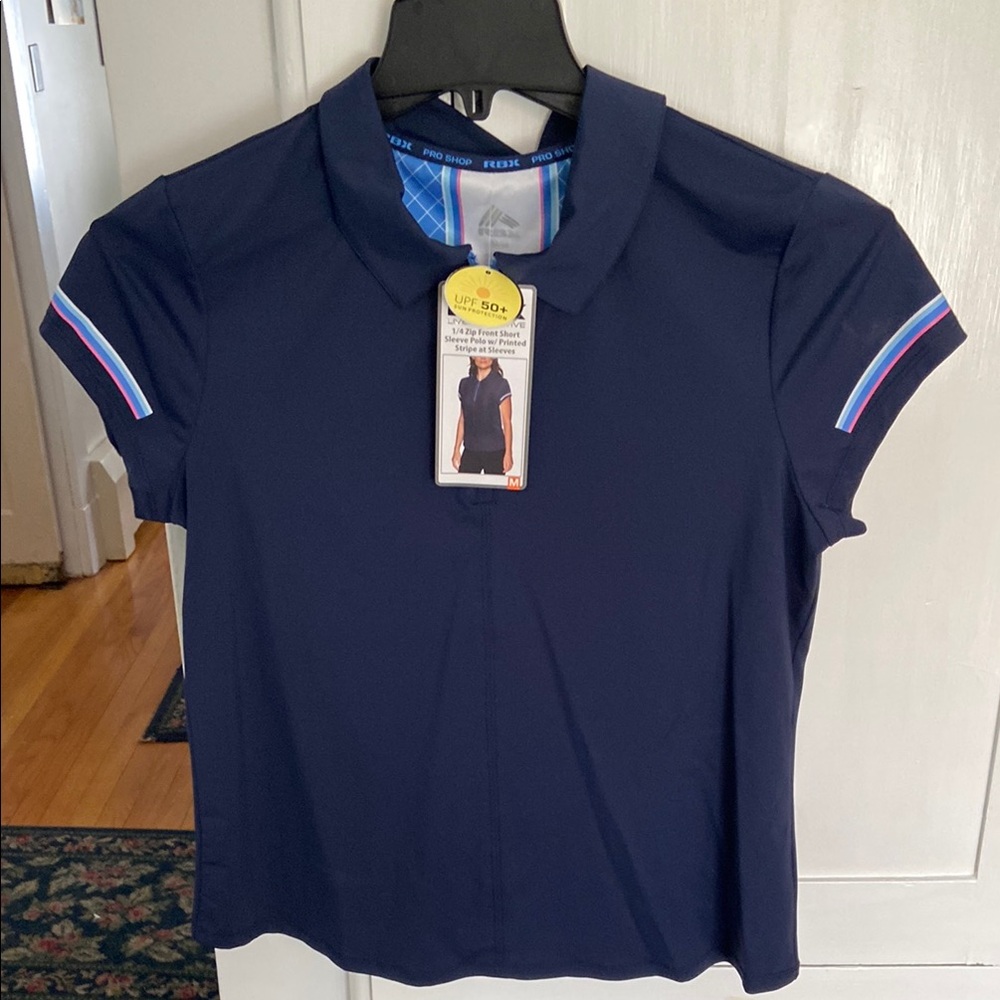 Reebok Live. Live .Active Navy Polo Shirt with Colorful Sleeve Accents.